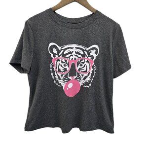 Tiger Print Short Sleeve T-Shirt Graphic Tee Womens Large L Gray Round Neck